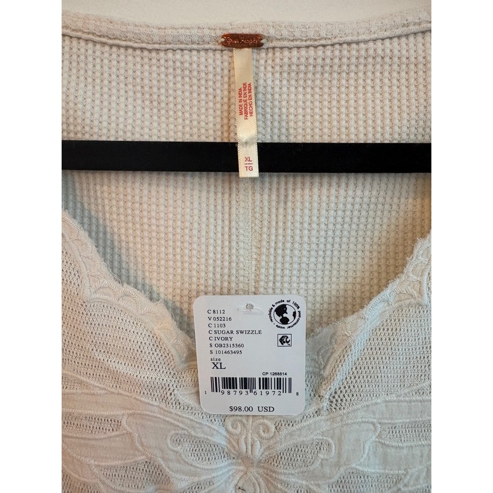 Free People Butterfly Cuff long sleeve thermal tee cream XL embroidered new nwt - Picture 9 of 11
